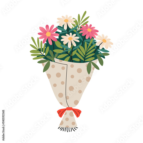 Bright bouquet with flowers. White and pink daisies. Happy Valentine's Day greeting card. Beautiful bouquet in wrapping paper, tied with red ribbon with bow.