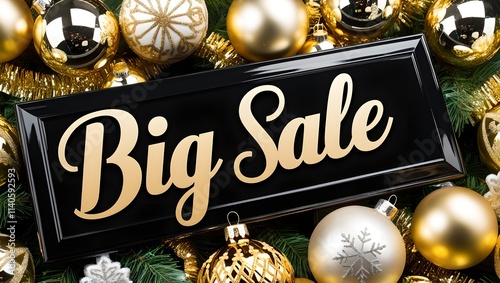 A black sign with gold text that says BIG SALE surrounded by golden Christmas ornaments and decorations