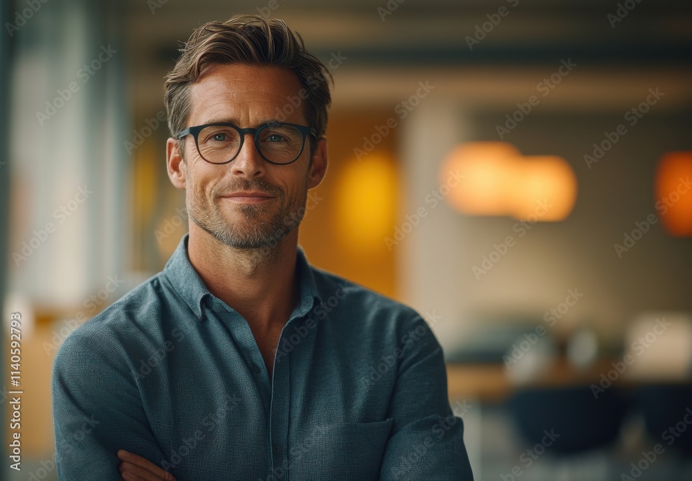 Confident and Stylish Man in Glasses Posing Indoors with a Modern Background, Exuding Professionalism and Charisma in a Contemporary Workspace Setting Confident and Stylish Man in Glasses Posing Indoors with a Modern Background, Exuding Professionalism and Charisma in a Contemporary Workspace Setting