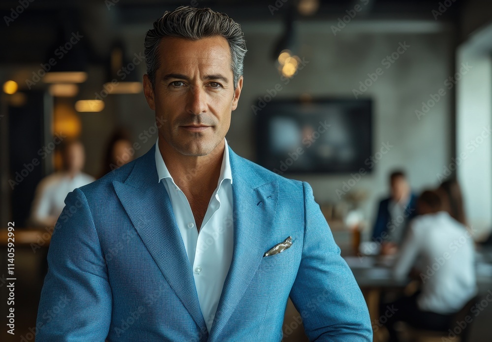 Confident Businessman in a Stylish Blue Suit Posing in a Modern Office Setting with Professionals in the Background, Exuding Success and Leadership Qualities Confident Businessman in a Stylish Blue Suit Posing in a Modern Office Setting with Professionals in the Background, Exuding Success and Leadership Qualities