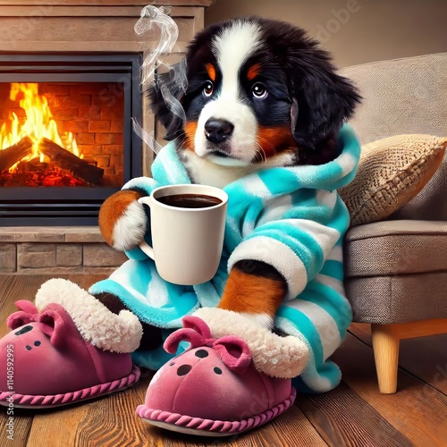 Bernese Mountain Dog Puppy in Robe Drinking Coffee