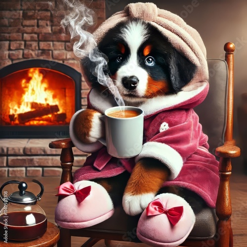 Bernese Mountain Dog Puppy in Robe Drinking Coffee