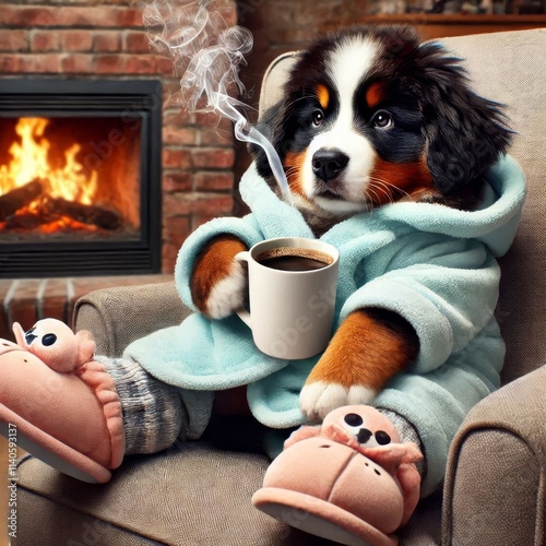 Bernese Mountain Dog Puppy in Robe Drinking Coffee