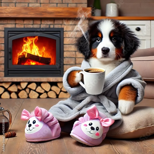 Bernese Mountain Dog Puppy in Robe Drinking Coffee