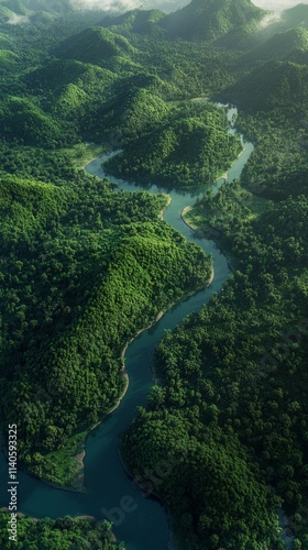 Winding river flowing through lush green tropical rainforest landscape