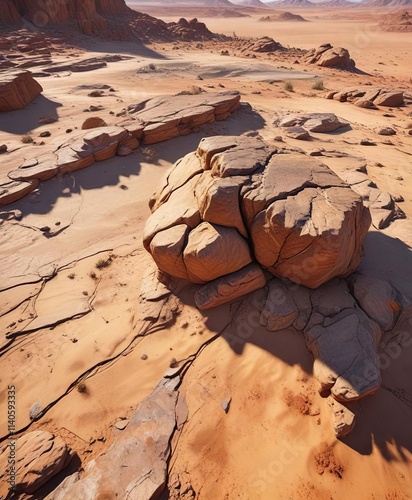 Desert landscape with cracked earth and rocky terrain, erosion, rocky outcrops photo