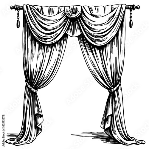 Elegant vintage temple curtain design in black and white, artistic heritage