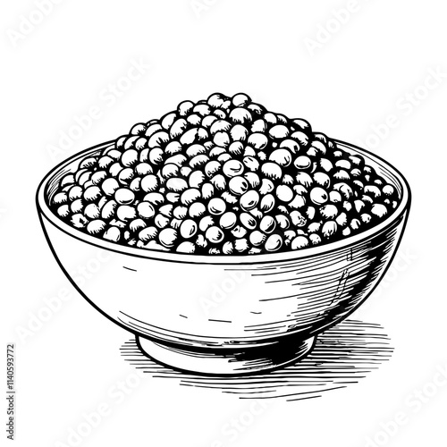 Bowl of lentils in vintage black and white sketch, nutritious simplicity