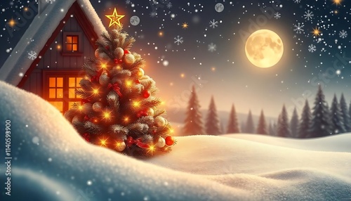 Holiday Winter Landscape with Gradient Background, House, and Fir Trees