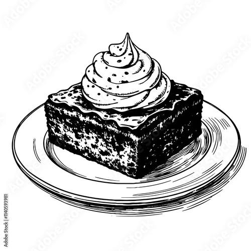 Chocolate brownie with whipped cream on vintage plate, indulgent dessert
