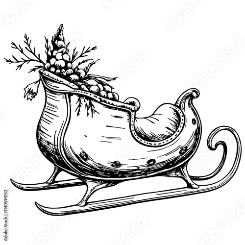 Vintage holiday sled sketch with decorations, festive spirit