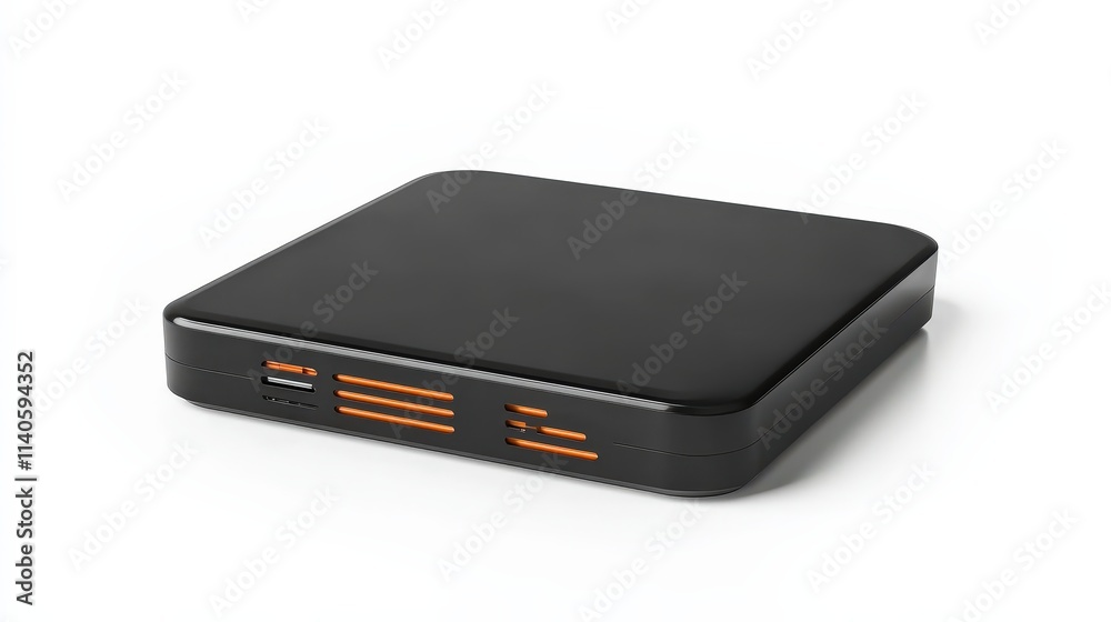Sleek black media player with orange accents on white background Sleek black media player with orange accents on white background