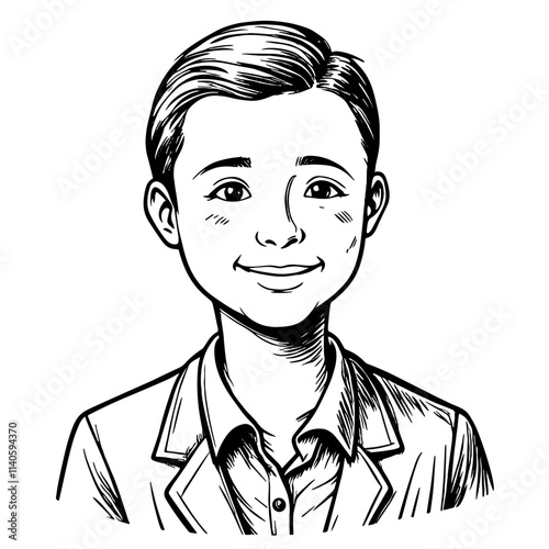 Smiling young boy in a suit, confident expression, artistic sketch