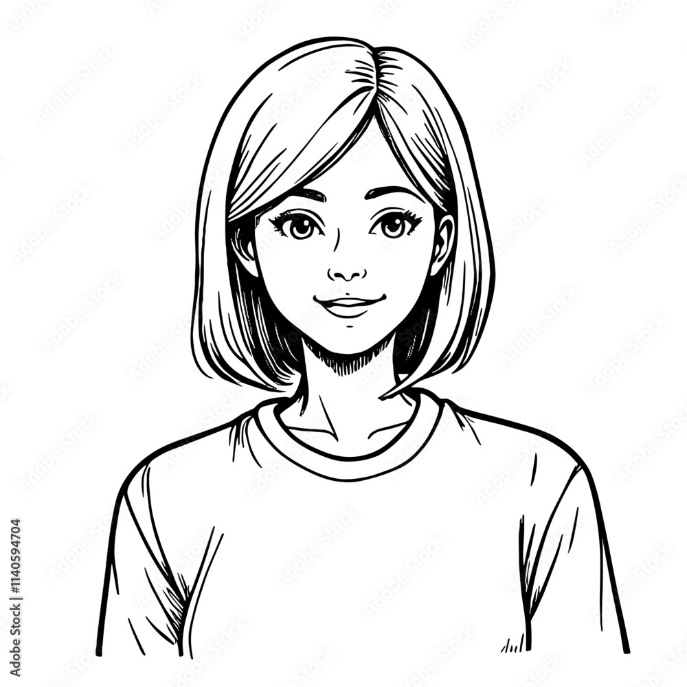 Smiling woman in black and white sketch, digital marketing persona Smiling woman in black and white sketch, digital marketing persona