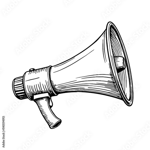 Black and white megaphone sketch on white background, communication tool