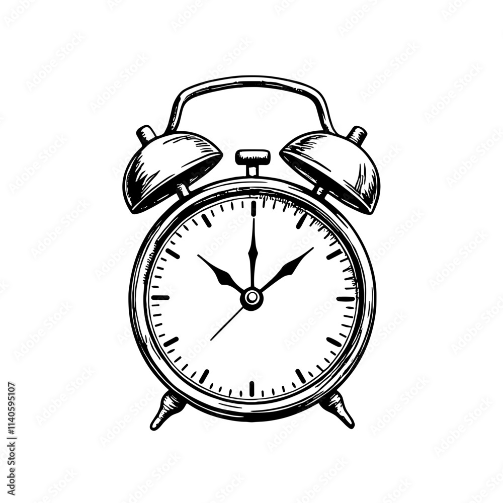 Detailed alarm clock sketch on white background, time management concept Detailed alarm clock sketch on white background, time management concept