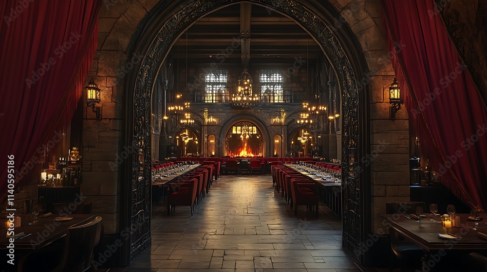 Obraz premium A Gothic arched doorway with intricate ironwork framing the stone, opening into a dining hall bathed in soft amber light, featuring a long dining table, velvet drapes, and a roaring fireplace. Regal,