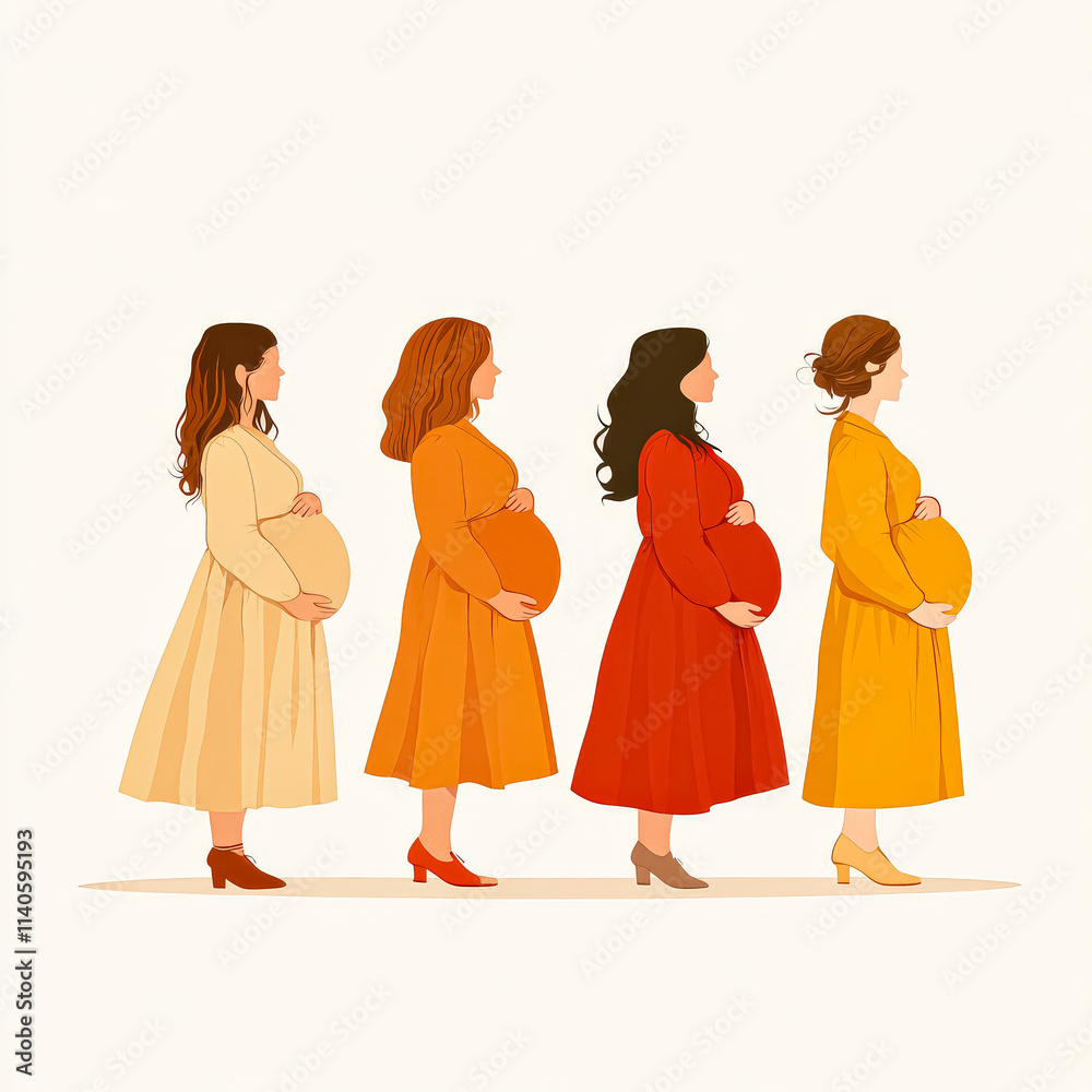 Four women are standing in a field with flowers and trees. They are all pregnant and holding hands Four women are standing in a field with flowers and trees. They are all pregnant and holding hands