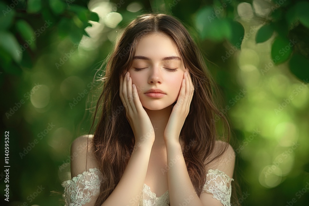Young woman with eyes closed, touching her face in a forest Young woman with eyes closed, touching her face in a forest