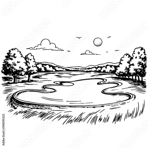 Elegant golf course illustration with trees and sun, luxury lifestyle
