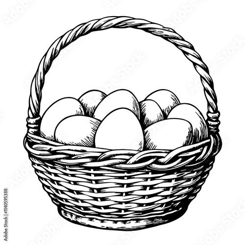 Elegant egg basket sketch on white background, rural symbolism