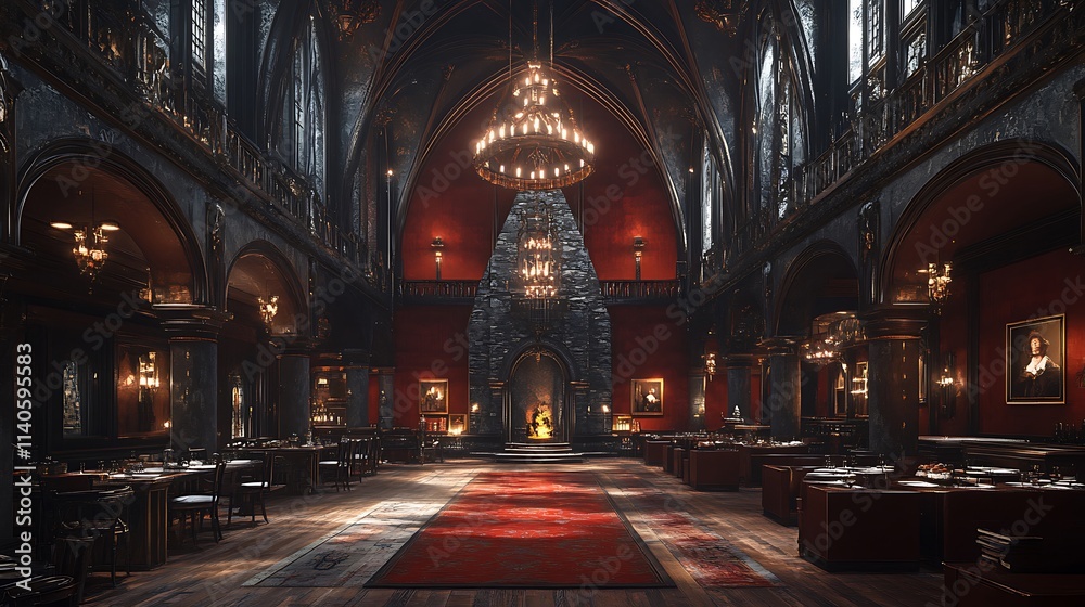 Obraz premium A Gothic archway carved from dark stone, leading into a dining hall with soaring ceilings, elaborate chandeliers, a richly detailed stone fireplace, and deep burgundy decor. Majestic, historical,