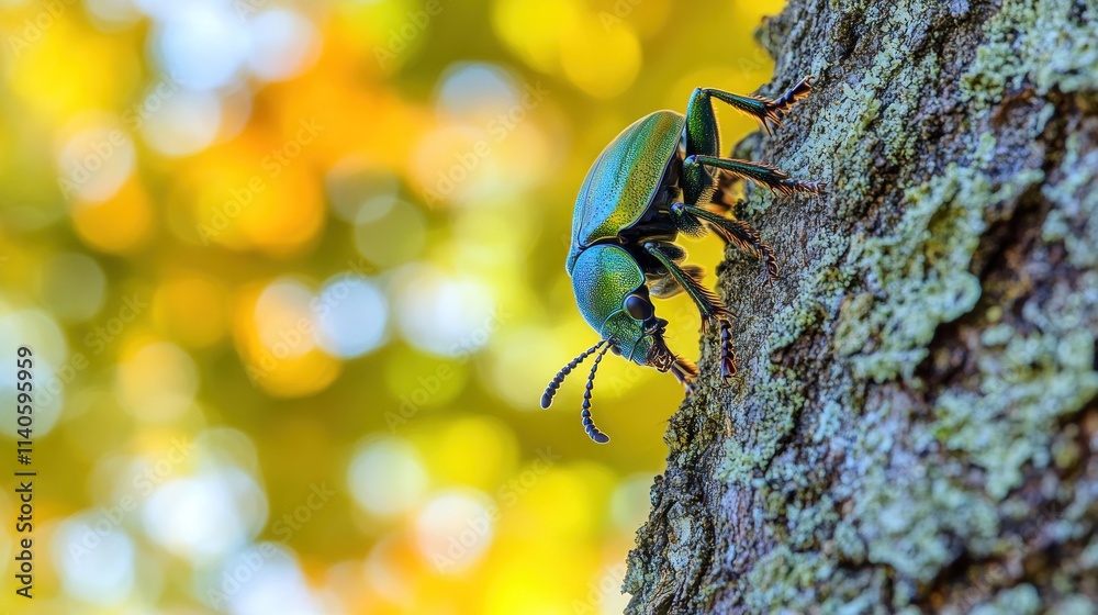 Vibrant green beetle on tree bark, bokeh background. Vibrant green beetle on tree bark, bokeh background.