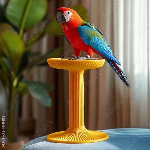 Colorful parrot perched on bright yellow stand in a cozy indoor environment