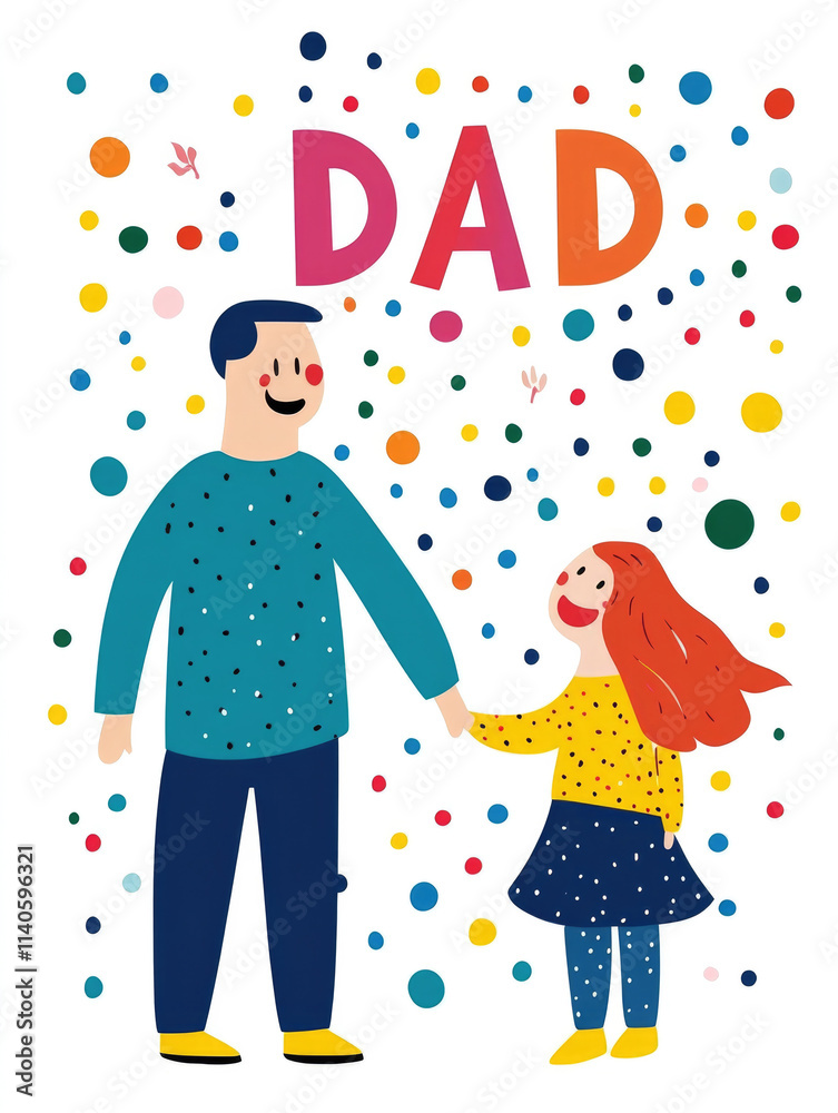 Illustration of a smiling father holding hands with his joyful daughter surrounded by colorful dots and ÒDADÓ written in playful letters, ideal for family celebration posters... Illustration of a smiling father holding hands with his joyful daughter surrounded by colorful dots and ÒDADÓ written in playful letters, ideal for family celebration posters...