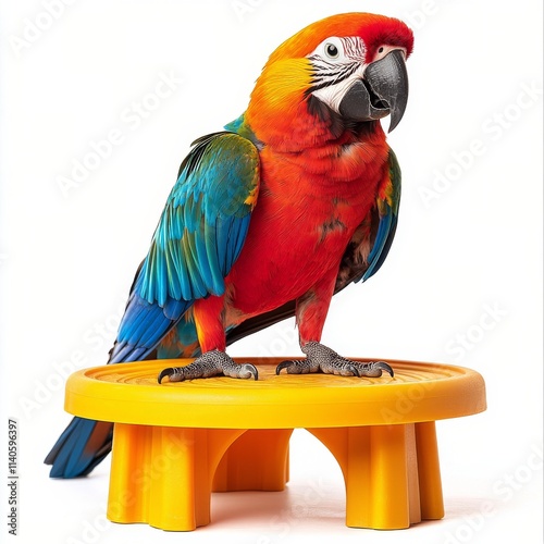 Colorful parrot perched on bright yellow stand in a cozy indoor environment