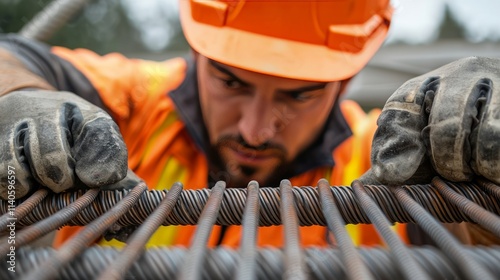 Engineer inspecting steel beams on site: A construction professional reviewing steel reinforcements at an active building site photo