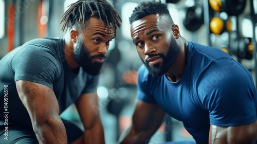 Two men discussing workout techniques in a gym during the daytime