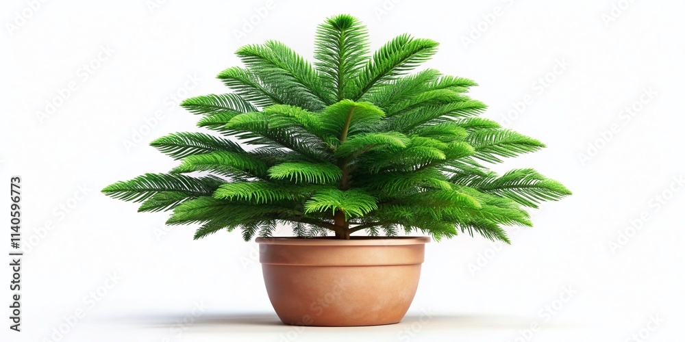 Fototapeta premium Norfolk Island Pine in Pot, Drone Aerial View, Isolated White Background, Houseplant, Decorative Potted Tree