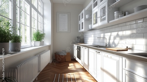 Bright and airy kitchen with large windows and stylish design featuring a woo...