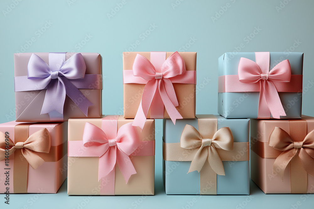 A stack of monochromatic gift boxes arranged neatly with matching bows. A stack of monochromatic gift boxes arranged neatly with matching bows.