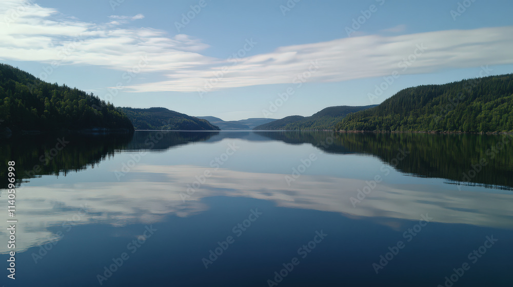 Obraz premium Serene Norwegian fjord reflecting tranquil sky peaceful landscape