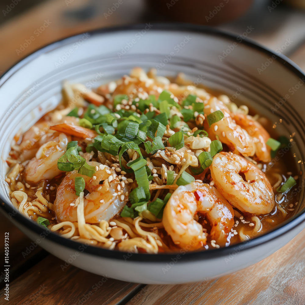 Delicious shrimp noodle dish savory sauce fresh herbs appetizing meal vibrant colors tasty food warm lighting wooden table asian cuisine noodle bowl shrimp noodles sesame seeds green onions garlic Delicious shrimp noodle dish savory sauce fresh herbs appetizing meal vibrant colors tasty food warm lighting wooden table asian cuisine noodle bowl shrimp noodles sesame seeds green onions garlic