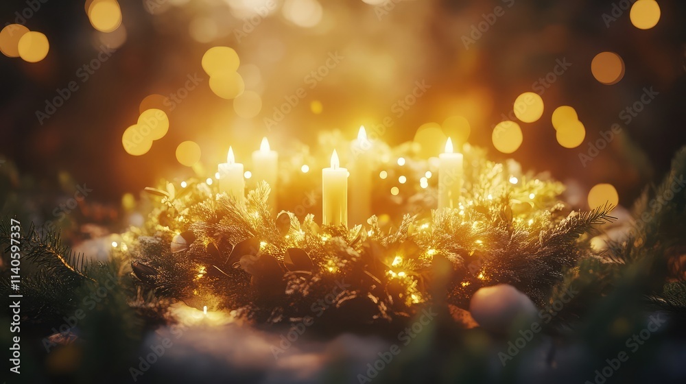 Warm glow of candlelight illuminates a festive evergreen wreath, creating a serene and magical holiday atmosphere. Perfect for winter celebrations! Warm glow of candlelight illuminates a festive evergreen wreath, creating a serene and magical holiday atmosphere. Perfect for winter celebrations!