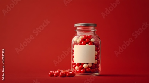 Colorful jar of candies against a striking red background with scattered swee...