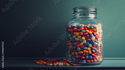 Colorful jar of candies against a striking red background with scattered swee...