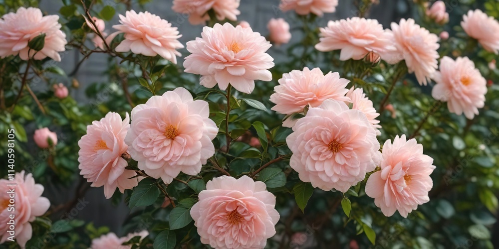 Full-bloomed garden with pale pink peach-colored floribunda rose flowers on a branch, blooming roses, garden blooms, pastel pink flowers Full-bloomed garden with pale pink peach-colored floribunda rose flowers on a branch, blooming roses, garden blooms, pastel pink flowers