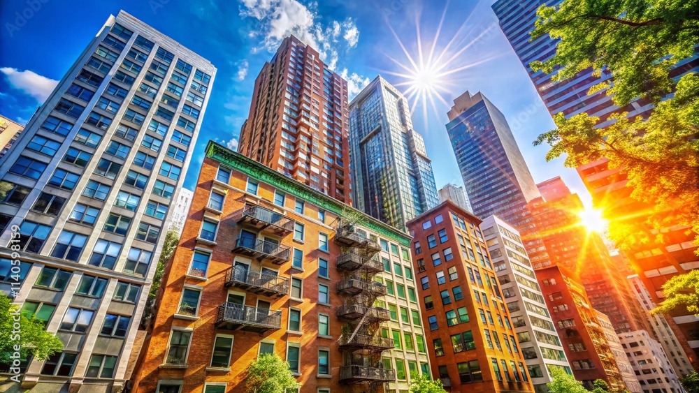 Obraz premium NYC Modern Apartment Buildings Sunny Day Exterior High Resolution Photography