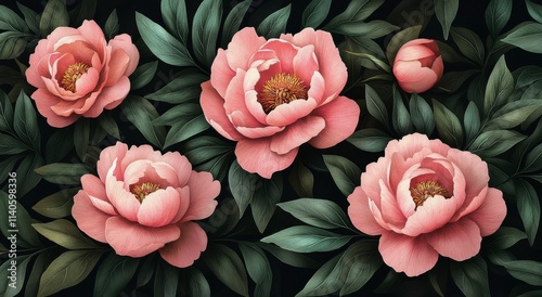 Vibrant pink peonies showcasing intricate details and lush greenery in a dark...
