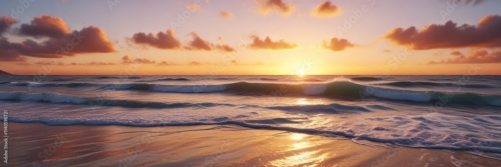 Gentle lapping of waves against the shore at sunset creating a calming atmosphere, waves, peaceful ambiance Gentle lapping of waves against the shore at sunset creating a calming atmosphere, waves, peaceful ambiance