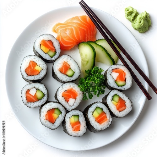 Colorful sushi platter featuring salmon nigiri and salmon rolls served with c...