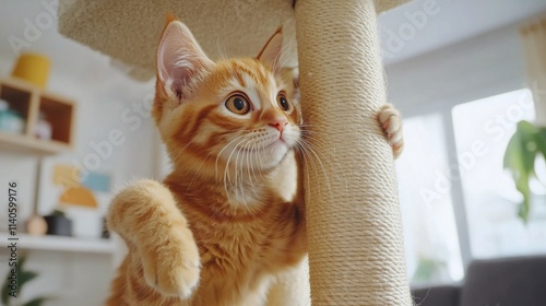 Adorable orange kitten exploring a scratching post in a cozy living room