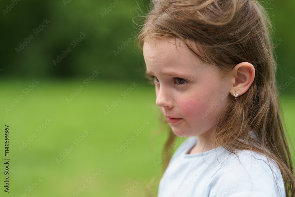 Little red-haired cute girl in summer outdoors in park. Concept of active healthy child in nature Little red-haired cute girl in summer outdoors in park. Concept of active healthy child in nature