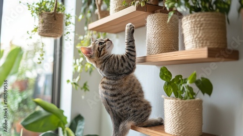 Adorable orange kitten exploring a scratching post in a cozy living room
