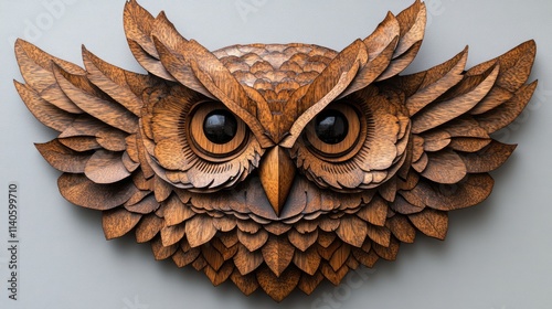 Intricate wooden owl wall art with spread wings, showcasing detailed carving and rich brown tones. photo