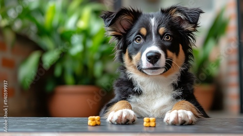 Cute puppy sitting on a woven rug in a cozy indoor setting with plants around